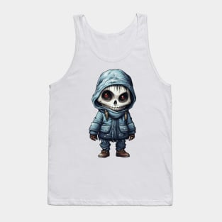 The figure of a ghoulish skull girl in a mask, wearing a cloak, perfect for Halloween, covered with snow ! Tank Top